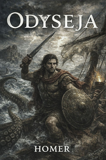 Book cover of 'Odyseja' by Homer featuring a warrior with a sword and shield against a stormy sea.