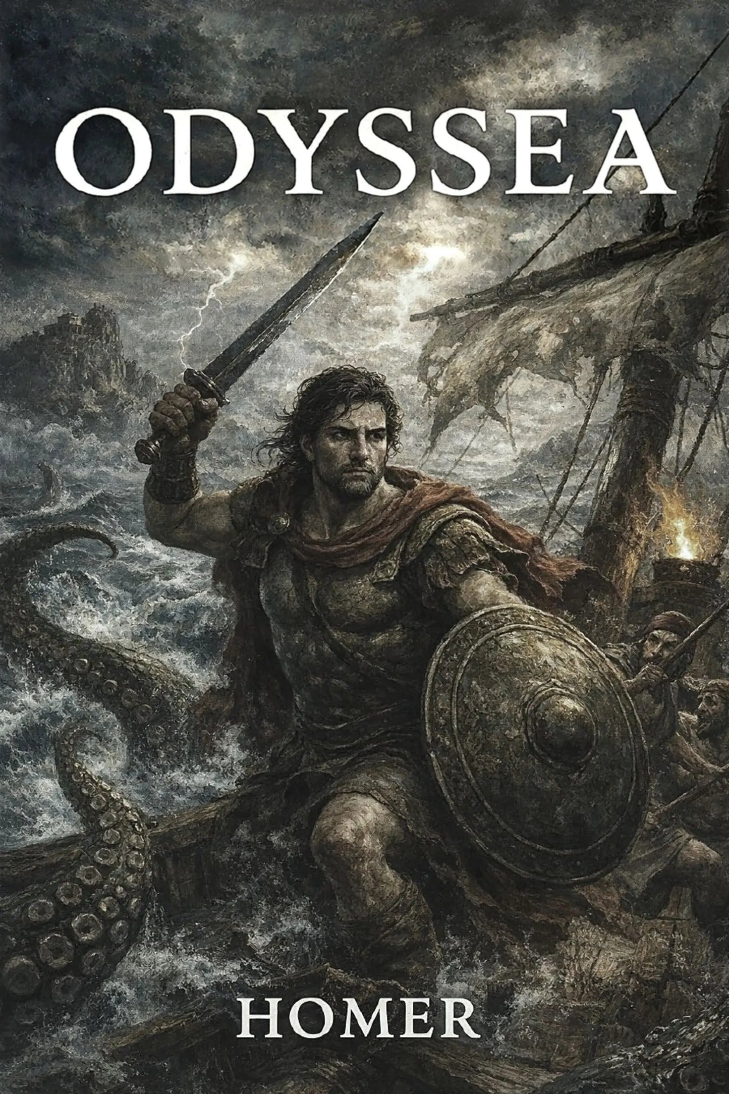 Book cover for Homer's Odyssey, featuring a dramatic illustration of a warrior battling a giant octopus on stormy seas, with the title 'Odyssea' at the top
