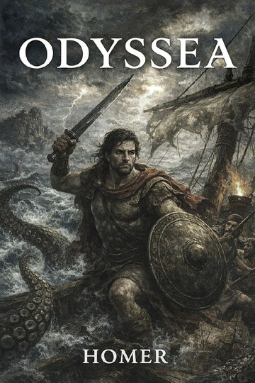 Book cover for Homer's Odyssey, featuring a dramatic illustration of a warrior battling a giant octopus on stormy seas, with the title 'Odyssea' at the top
