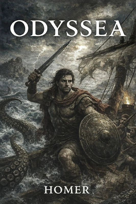 Book cover for Homer's Odyssey, featuring a dramatic illustration of a warrior battling a giant octopus on stormy seas, with the title 'Odyssea' at the top