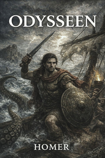 Book cover of 'Odysseen' by Homer featuring a warrior with a sword and shield against a stormy sea.