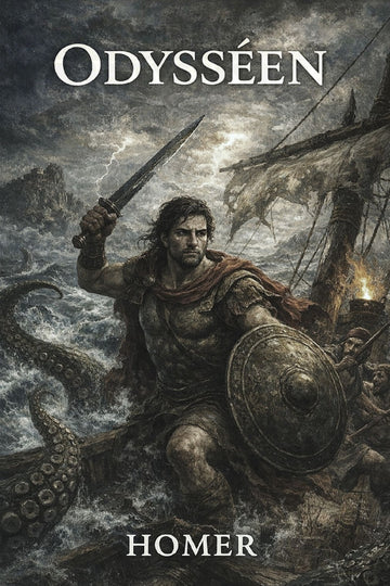 Illustration of a warrior with a sword and shield, surrounded by a ship and stormy sea, with 'Odysséen' and 'Homer' text.