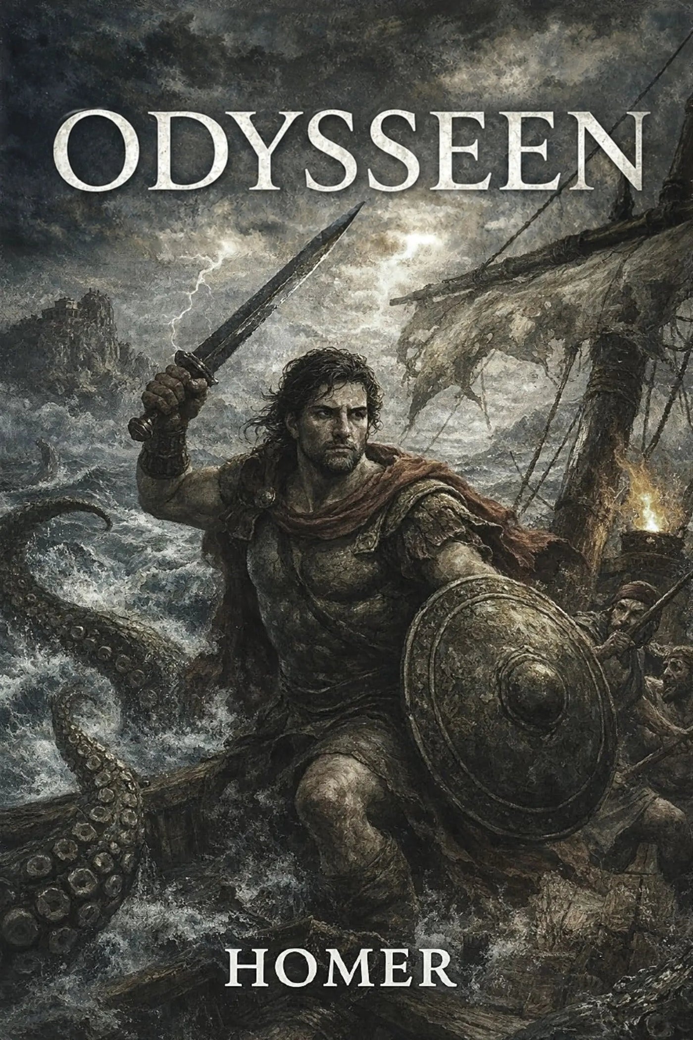 Book cover of 'Odysseen' by Homer featuring a warrior with a sword and shield against a stormy sea.