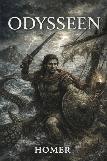Book cover of 'Odysseen' by Homer featuring a warrior with a sword and shield against a stormy sea.