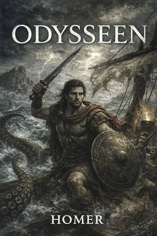 Book cover of 'Odysseen' by Homer featuring a warrior with a sword and shield against a stormy sea.