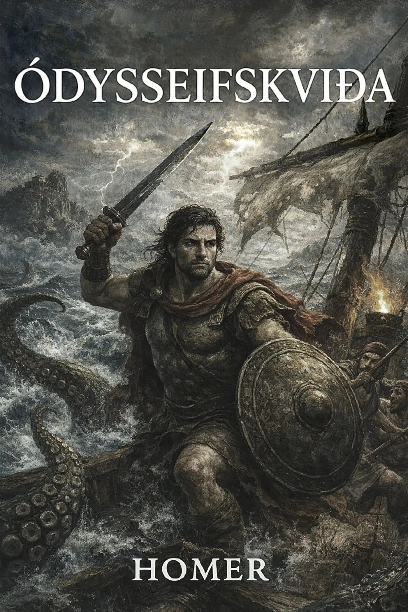 Book cover for “Ódysseifskviða” by Homer, featuring a dramatic illustration of a warrior on a ship battling a giant octopus in stormy seas under a dark sky.