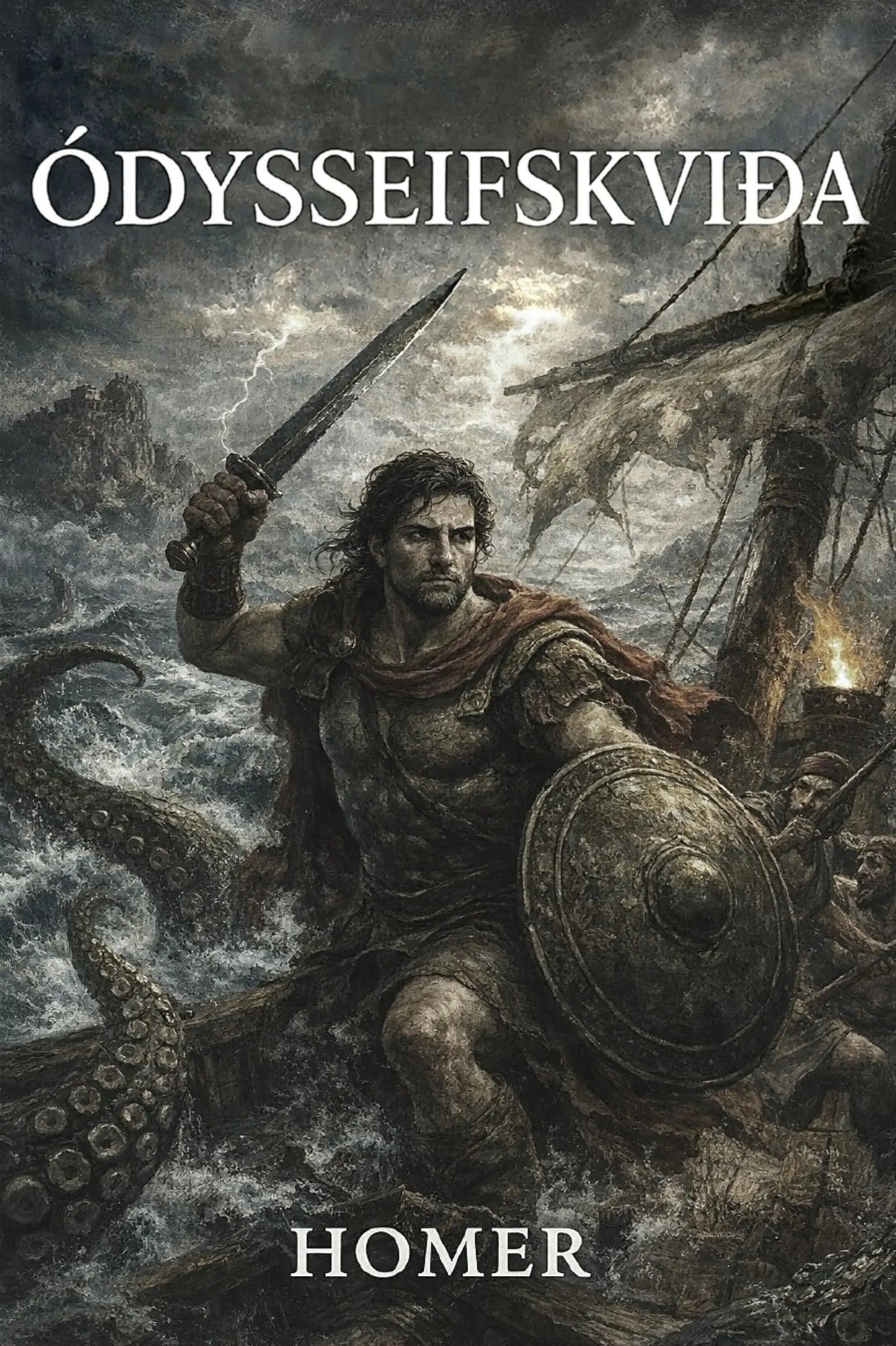 Book cover for “Ódysseifskviða” by Homer, featuring a dramatic illustration of a warrior on a ship battling a giant octopus in stormy seas under a dark sky.