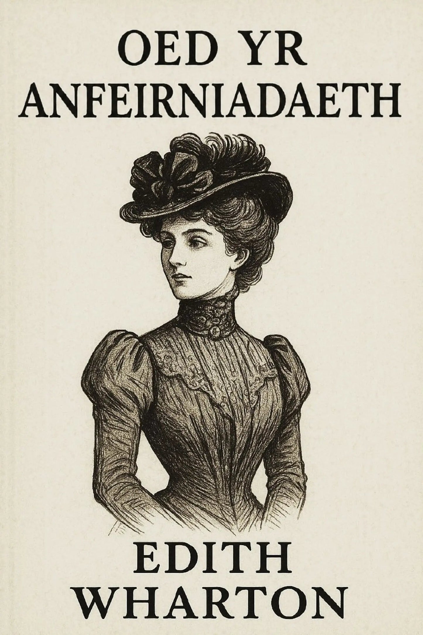 Vintage book cover for 'Oed yr Anfeirniadaeth' by Edith Wharton, featuring a black ink illustration of a Victorian-era woman on a warm cream background.