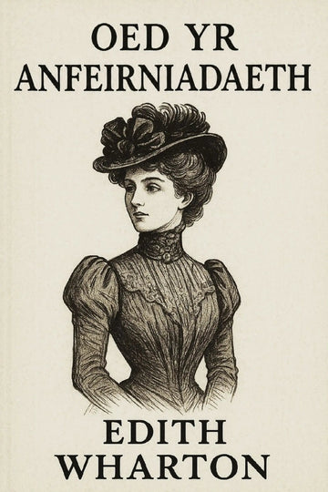 Vintage book cover for 'Oed yr Anfeirniadaeth' by Edith Wharton, featuring a black ink illustration of a Victorian-era woman on a warm cream background.