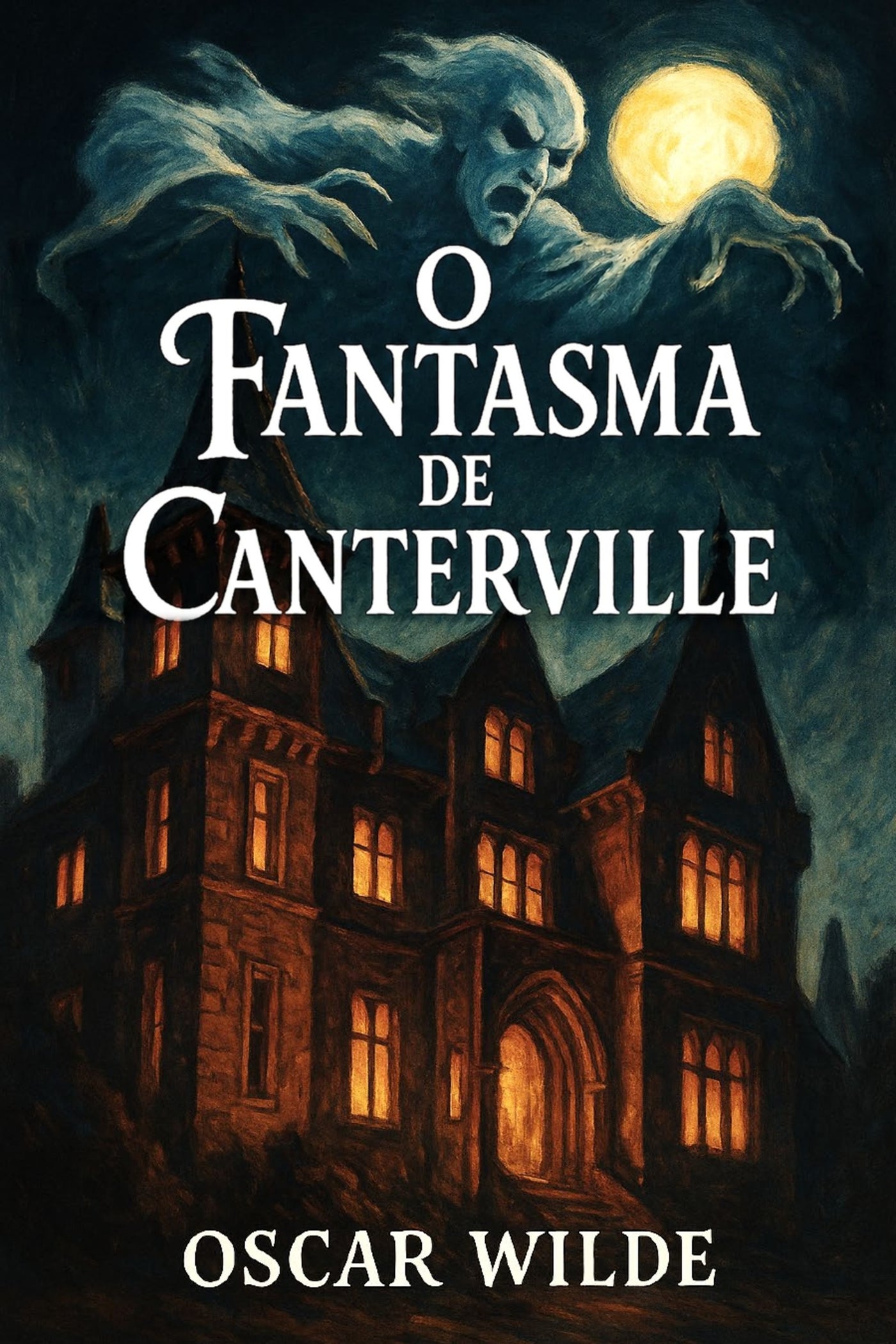 Book cover of 'O fantasma de Canterville' with a ghostly figure and haunted house.