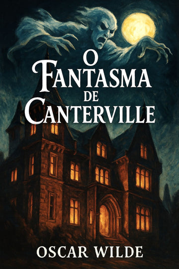 Book cover of 'O fantasma de Canterville' with a ghostly figure and haunted house.