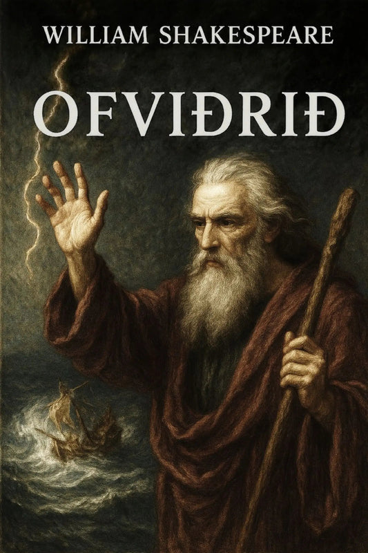 Book cover for William Shakespeare's 'Ofviðrið' featuring a painted portrait of an elderly bearded man in a brown robe holding a staff, with stormy sea and lightning in the background.
