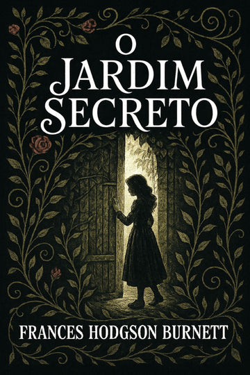 Book cover of 'O jardim secreto' with a silhouette of a girl and decorative text.