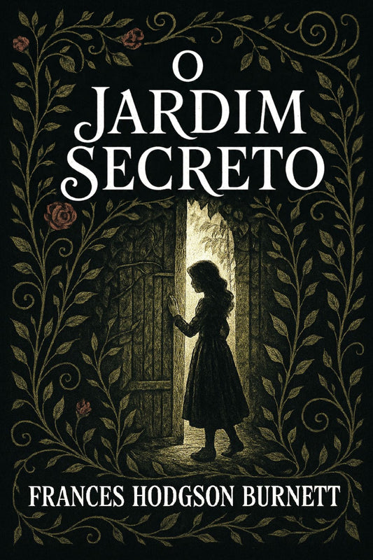 Book cover of 'O jardim secreto' with a silhouette of a girl and decorative text.