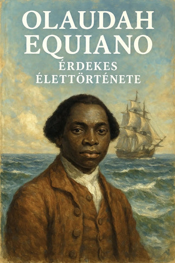 Book cover for 'Olaudah Equiano érdekes élettörténete' featuring a painted portrait of Olaudah Equiano in front of a sea scene with a sailing ship under a cloudy sky.