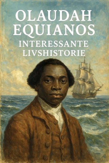 Book cover of 'Olaudah Equianos interessante livshistorie' with a portrait of a man and a ship on the water