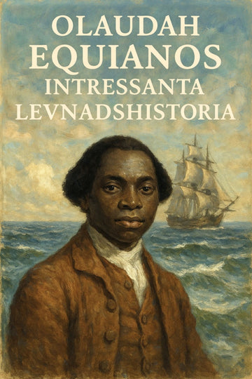 Book cover of "Olaudah Equianos intressanta levnadshistoria" with Olaudah Equiano's portrait and ship on water.