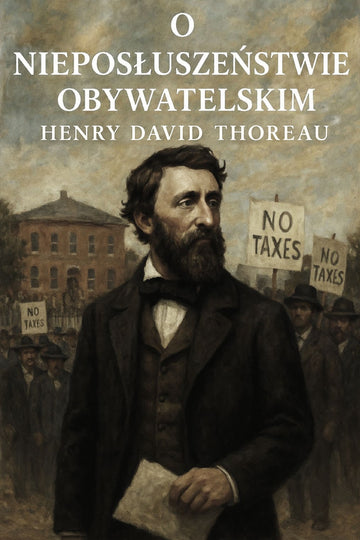 Book cover of 'O nieposłuszeństwie obywatelskim' by Henry David Thoreau with a historical scene and text.