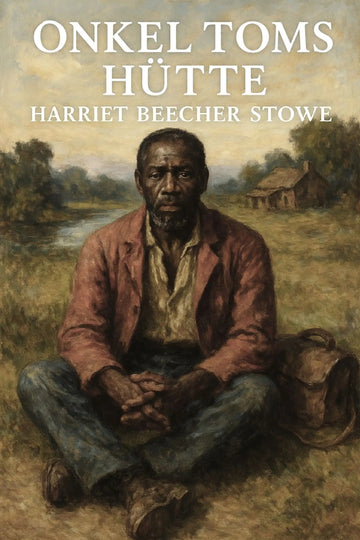 Book cover for 'Onkel Toms Hütte' by Harriet Beecher Stowe, featuring a painted seated Black man in a rustic outdoor setting with the title text at the top.