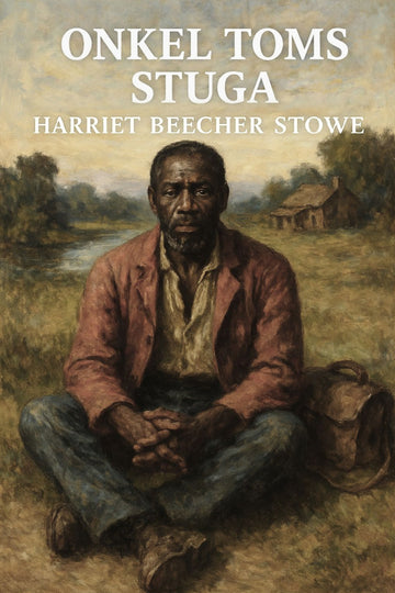 Book cover of 'Onkel Toms stuga' by Harriet Beecher Stowe, featuring a man sitting on the ground with a landscape in the background.