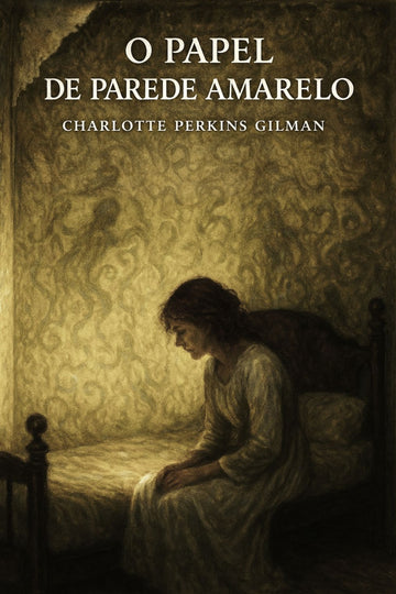Book cover of 'O papel de parede amarelo' by Charlotte Perkins Gilman with a woman sitting on a bed.