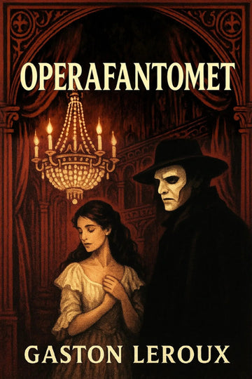 Book cover of 'Operafantomet' by Gaston Leroux featuring a masked figure and a woman in a dimly lit room with a chandelier.