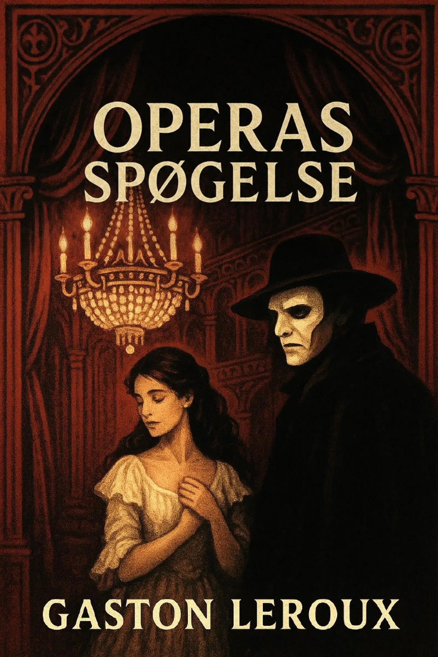 Book cover for 'Operas spøgelse' by Gaston Leroux, featuring a dark gothic illustration of a woman in a white dress and a masked figure in a black hat and coat, set against an ornate red-brown interior with a chandelier.