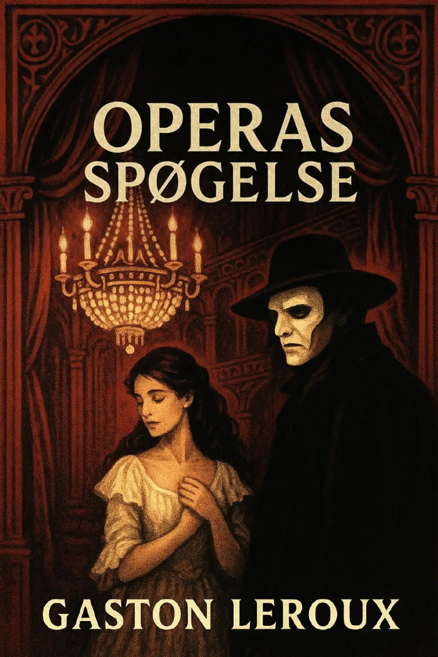Book cover for 'Operas spøgelse' by Gaston Leroux, featuring a dark gothic illustration of a woman in a white dress and a masked figure in a black hat and coat, set against an ornate red-brown interior with a chandelier.
