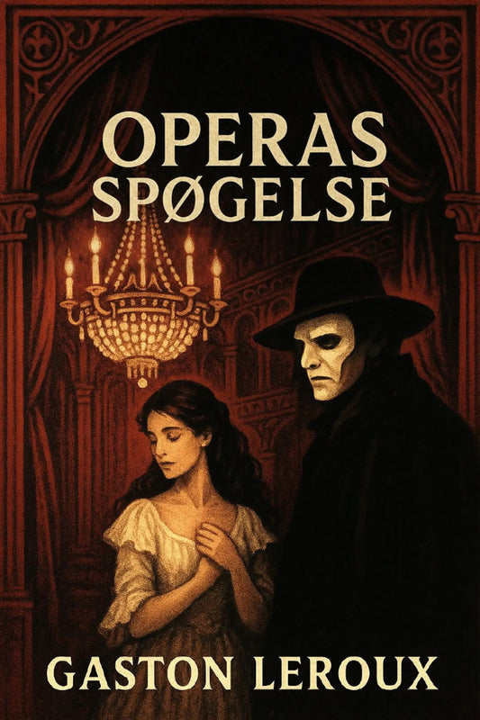 Book cover for 'Operas spøgelse' by Gaston Leroux, featuring a dark gothic illustration of a woman in a white dress and a masked figure in a black hat and coat, set against an ornate red-brown interior with a chandelier.
