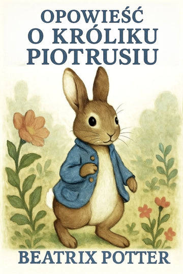Book cover of 'Opowieść o Króliku Piotrusiu' by Beatrix Potter with a rabbit character and floral background.