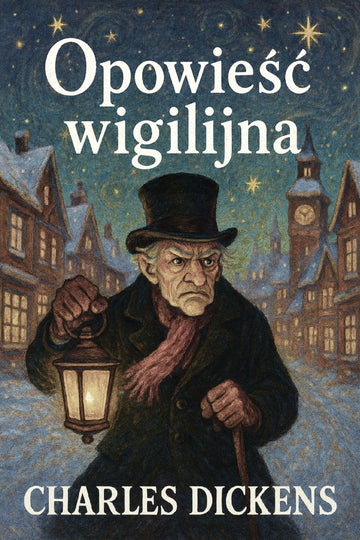 Book cover of 'Opowieść wigilijna' by Charles Dickens with a man holding a lantern in a snowy village scene.