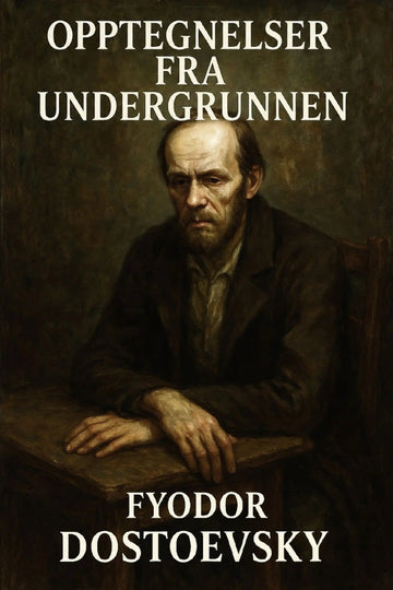 Book cover of 'Opptegnelser fra undergrunnen' by Fyodor Dostoevsky with a dark background and portrait of a man.