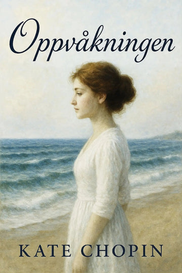 Book cover of 'Oppvåkningen' by Kate Chopin with a woman on a beach