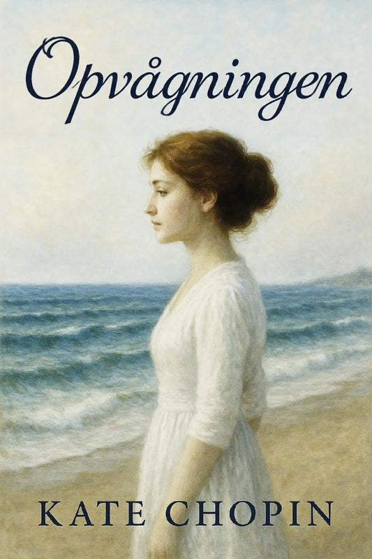 Book cover for 'Opvågningen' by Kate Chopin, featuring a classical painting of a woman in a white dress standing on a beach by the ocean.