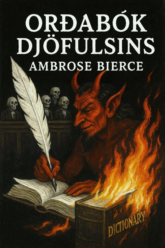 Book cover for 'Orðabók djöfulsins' by Ambrose Bierce, featuring a red demon writing in a fountain pen in a burning room with skulls in the background.