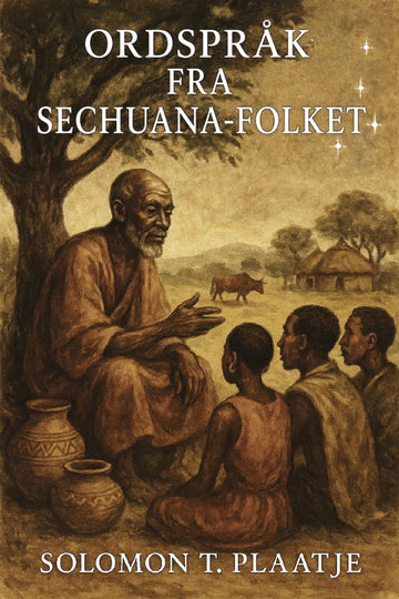 Book cover with an illustration of a man teaching children outdoors, with text 'Ordspråk fra Sechuana-folket' and author's name.