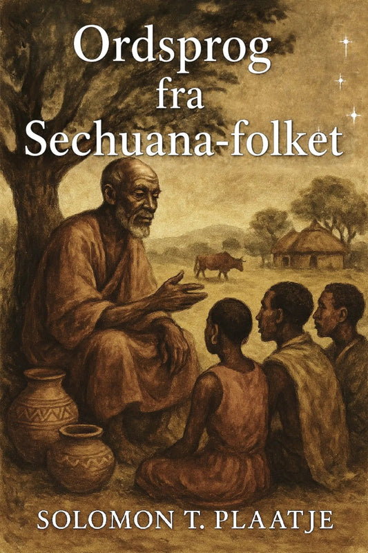 Book cover for 'Ordsprog fra Sechuana-folket' by Solomon T. Plaatje, featuring a sepia-toned illustration of an elder speaking with three children in a rural setting.