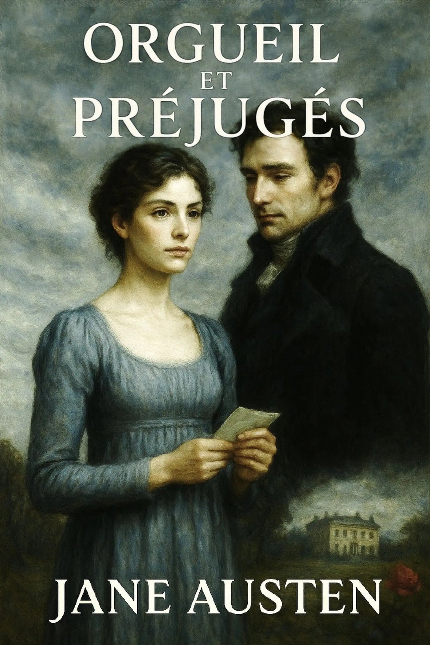 Book cover of 'Orgueil et Préjugés' by Jane Austen featuring a man and woman in a pastoral setting.
