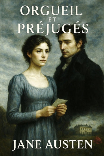 Book cover of 'Orgueil et Préjugés' by Jane Austen featuring a man and woman in a pastoral setting.