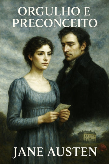 Book cover of 'Orgulho e Preconceito' by Jane Austen featuring a man and woman in a pastoral setting.