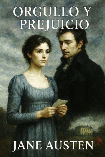 Book cover of 'Orgullo y prejuicio' by Jane Austen featuring a man and woman in a historical setting.