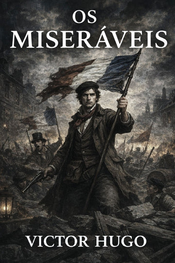 Book cover of 'Os Miseráveis' with a person holding flags against a dark, historical background.