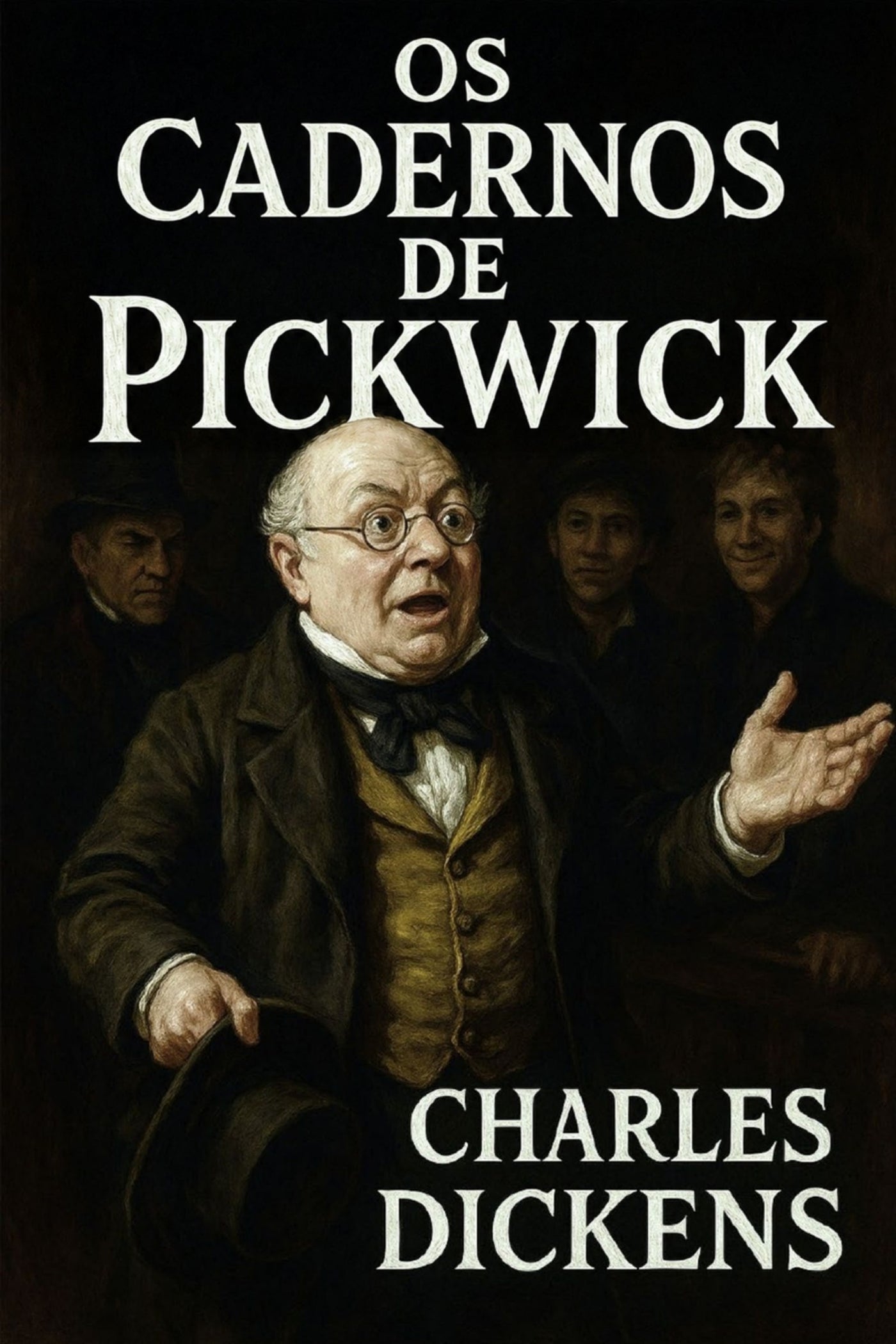 Book cover of 'Os cadernos de Pickwick' by Charles Dickens with a dark background and central character.