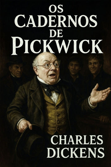 Book cover of 'Os cadernos de Pickwick' by Charles Dickens with a dark background and central character.