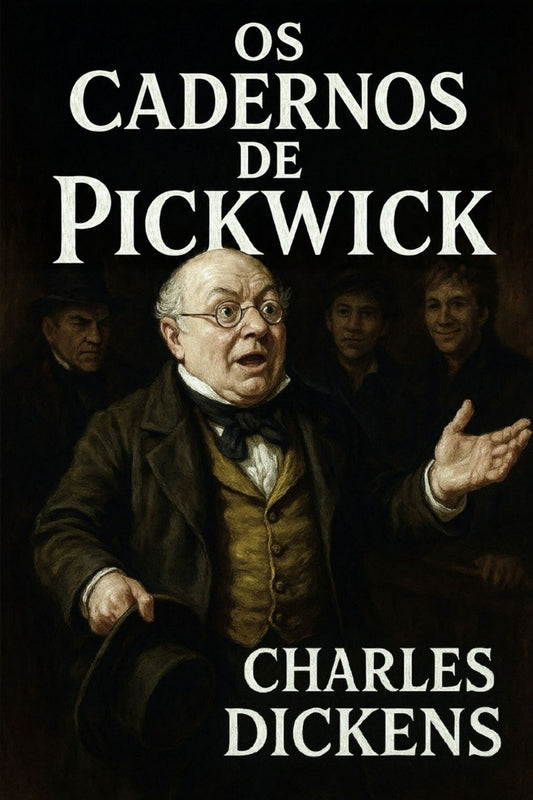 Book cover of 'Os cadernos de Pickwick' by Charles Dickens with a dark background and central character.