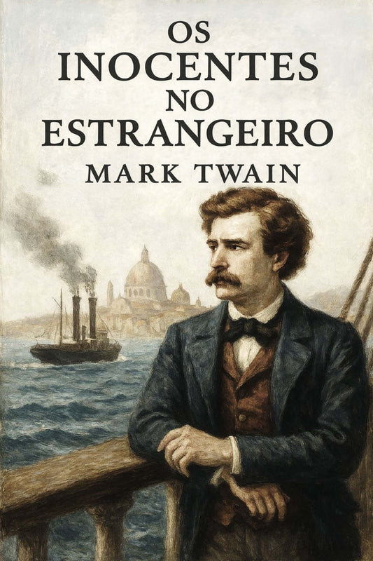 Book cover of 'Os Inocentes no Estrangeiro' by Mark Twain with a painting of a man on a ship.