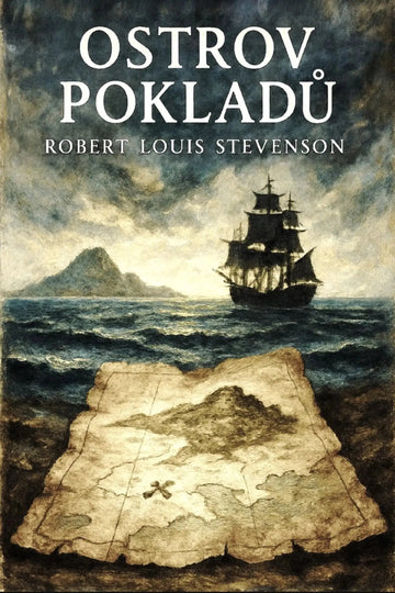 Book cover for 'Ostrov pokladů' by Robert Louis Stevenson, featuring an illustration of a ship on dark blue ocean waves with a treasure map in the foreground under a cloudy sky.