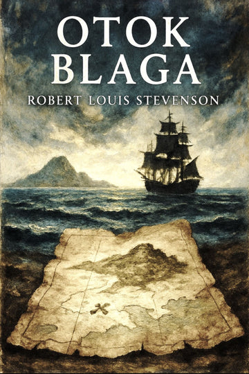 Book cover of 'Otok blaga' by Robert Louis Stevenson with a ship and map illustration.
