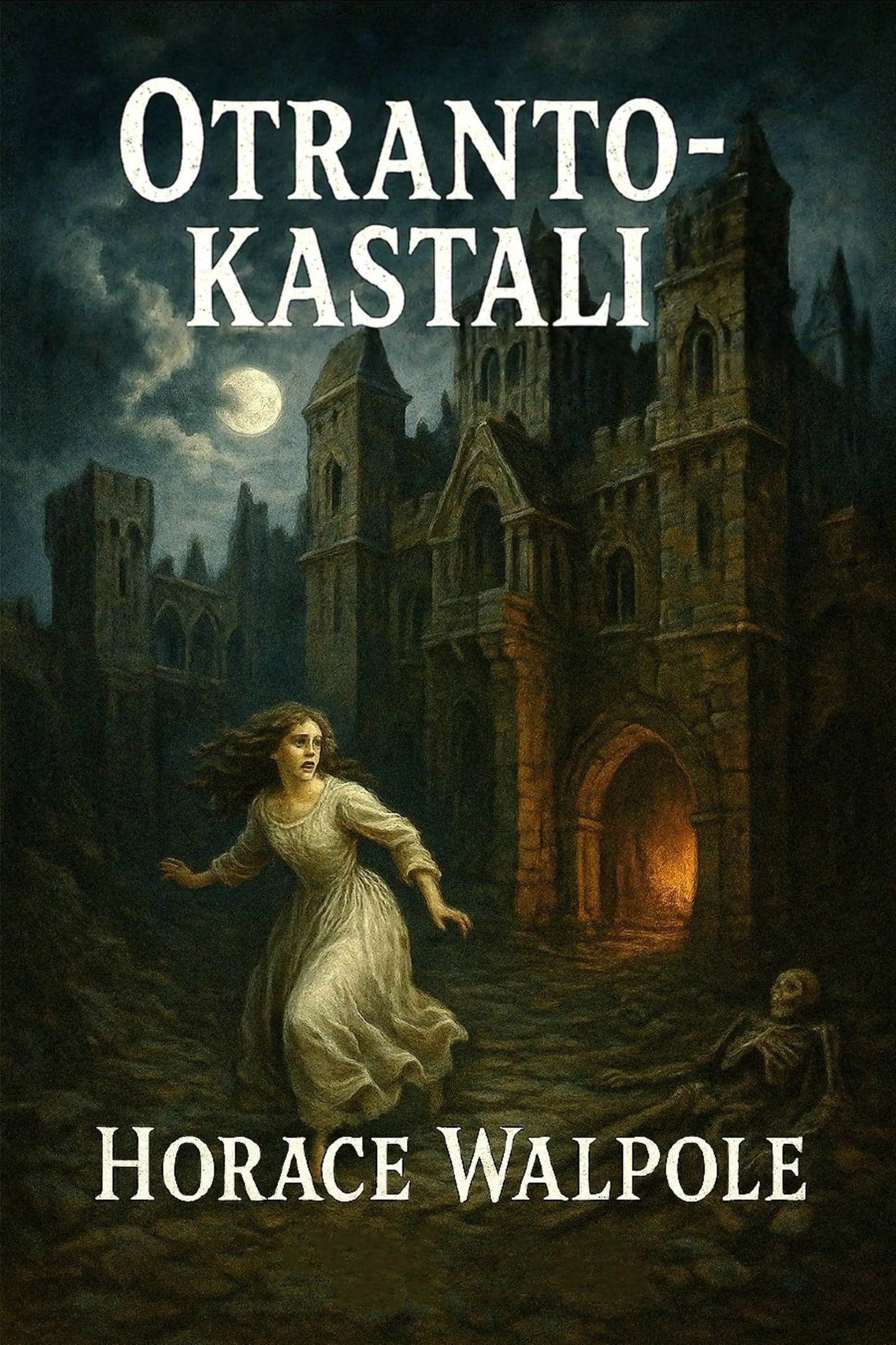 Book cover for 'Otranto-kastali' by Horace Walpole, featuring a dark gothic castle under a full moon with a woman in a white dress running through a courtyard and a skeleton at her feet.