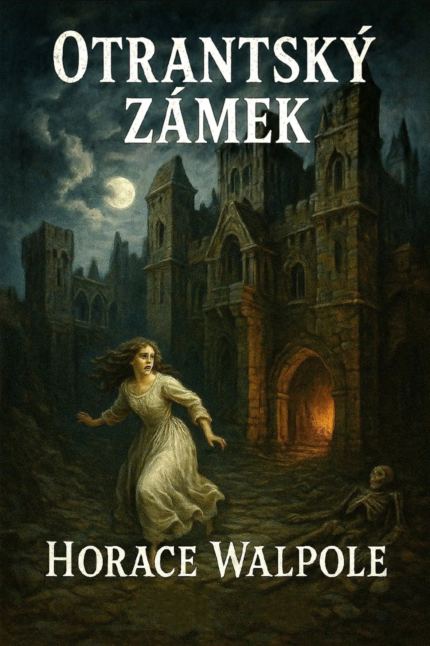 Book cover for 'Otrantský zámek' by Horace Walpole, featuring a dark gothic castle under a full moon with a woman running in the foreground and a skeleton at the bottom right.